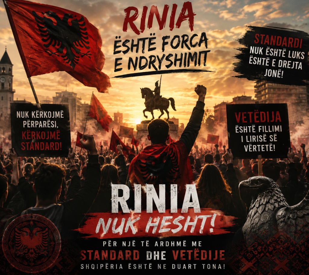 Rinia shqiptare në protestë masive me flamuj kombëtarë kuqezi, duke kërkuar standarde europiane, drejtësi dhe ndryshim shoqëror. Në sfond shfaqen simbole shqiptare dhe pankarta me mesazhet "Rinia", "Standardi" dhe "Vetëdija", që përfaqësojnë zgjimin e ndërgjegjes kolektive dhe aktivizimin e brezit të ri.