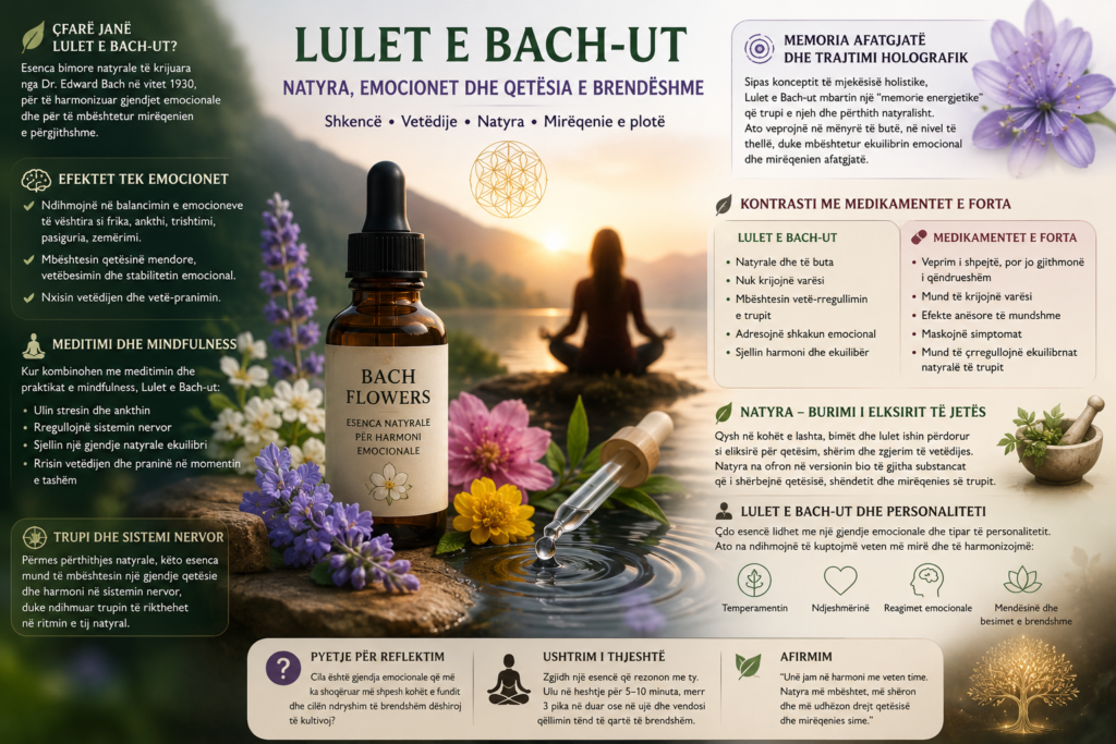 Lulet e Bach-ut, meditimi dhe mindfulness mund të jenë pjesë e një rutine holistike për mbështetjen e mirëqenies emocionale.